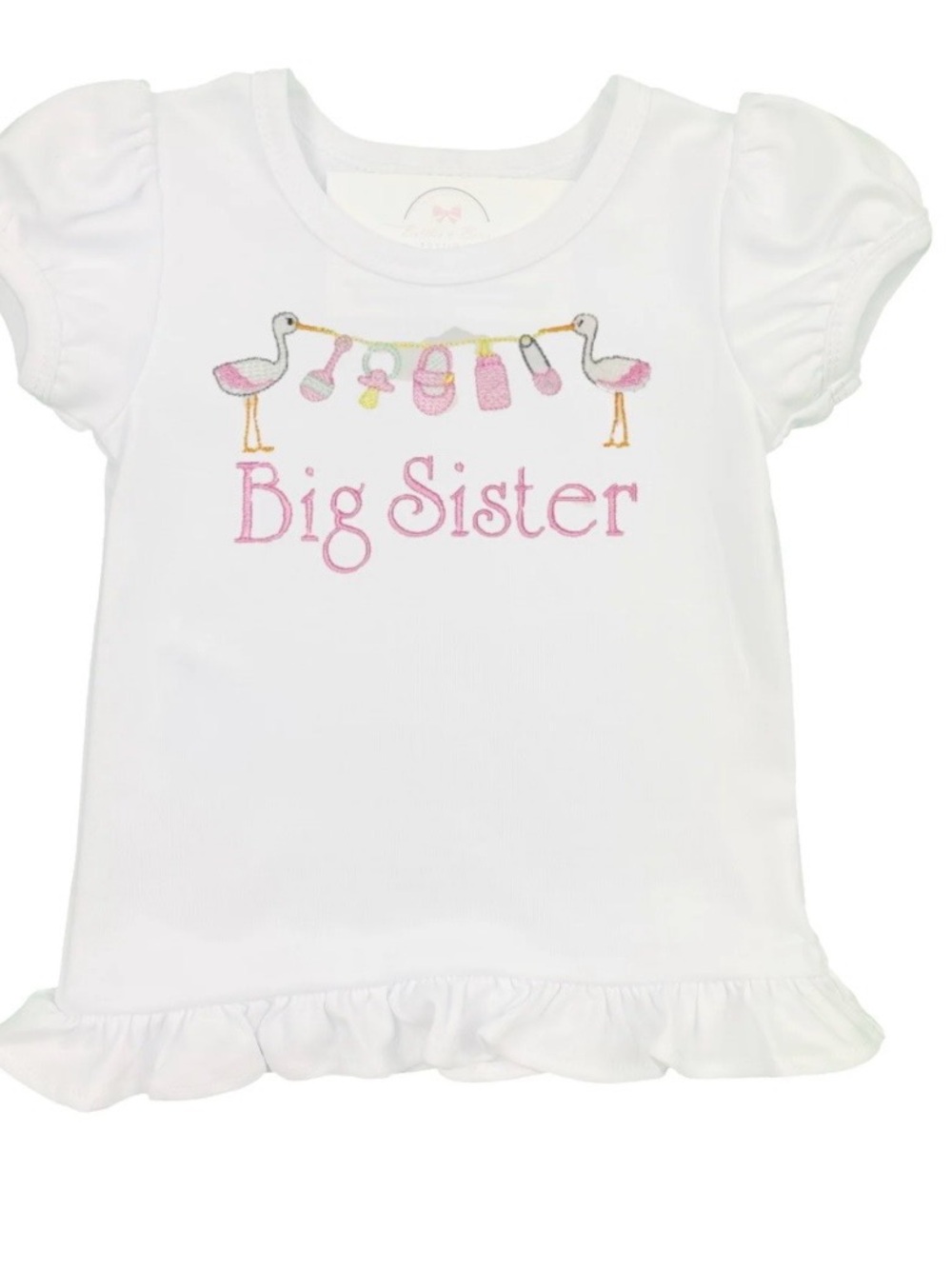 Girls White Big Sister Short Sleeve Tee with Pink Embroidery 2T